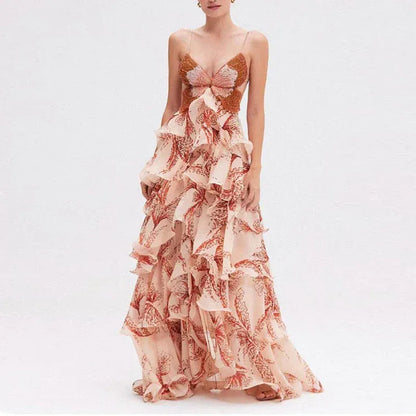 Women's Bohemian V-Neck Sleeveless Ruffle Maxi Dress