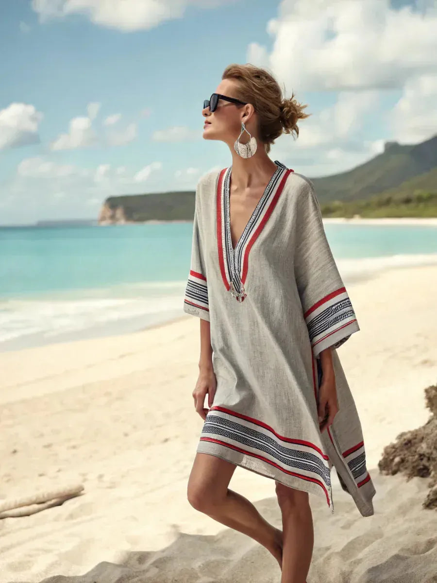 Women's Striped Vintage V-Neck Strappy Mini Dress
