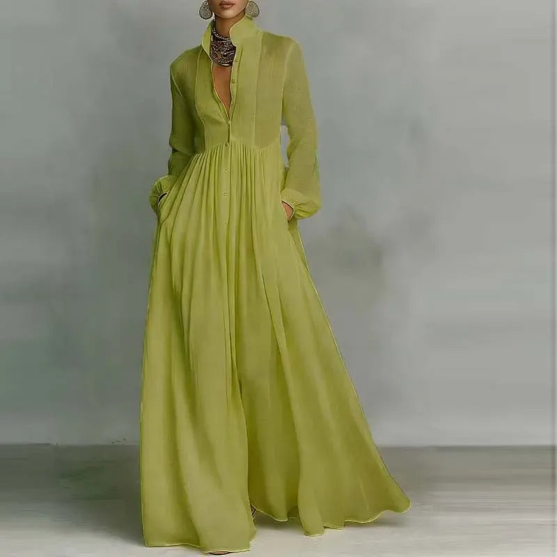 Women's Long-Sleeve High-Waisted Pleated Buttoned Maxi Occasion Dress