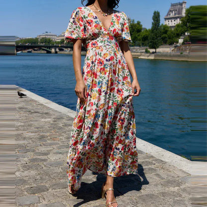 Women's Bohemian V-Neck Strappy Short-Sleeve Mini Occasion Dress