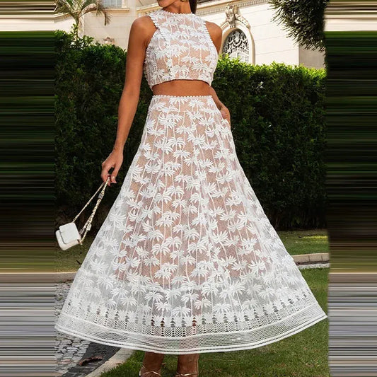Women's Lace-Detail Embroidered Solid-Color Crew-Neck Sleeveless Top and Skirt Set
