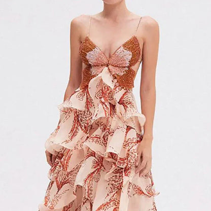 Women's Bohemian V-Neck Sleeveless Ruffle Maxi Dress