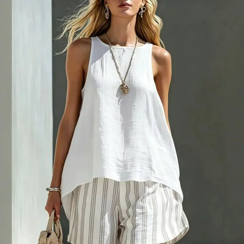 Women's Linen Striped Sleeveless Casual Vacation Top and Shorts Set