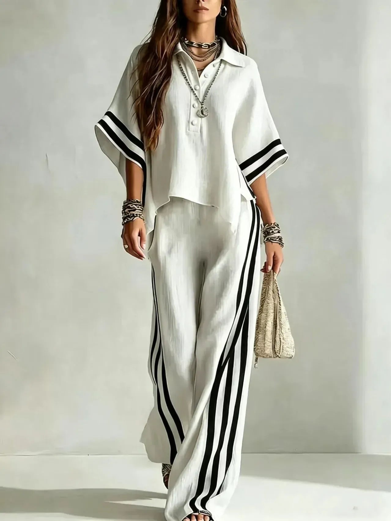 Women's Striped Relaxed-Fit Pants Two-Piece Set