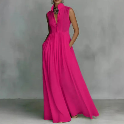 Women's Solid-Color Mock-Neck Sleeveless High-Waisted Buttoned Occasion Dress