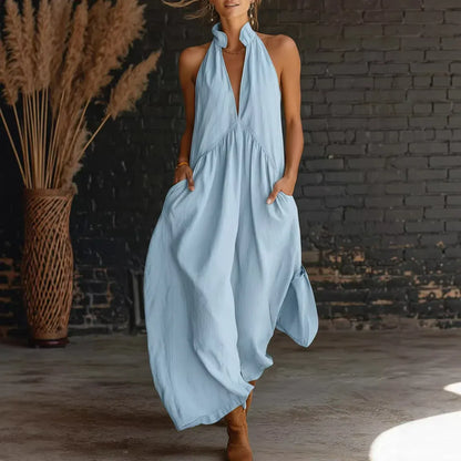 Women's Solid-Color V-Neck Off-Shoulder Sleeveless Casual Maxi Dress