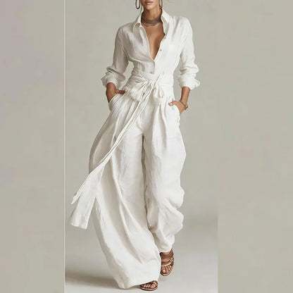 Women's Solid-Color Low-Neck Long-Sleeve Buttoned Vacation Top and Pants Set