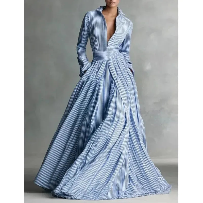 Women's Striped Long-Sleeve Maxi Dress