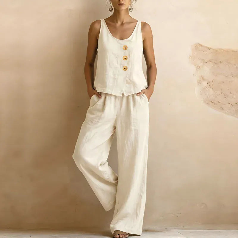 Women's Linen-Blend Sleeveless Crew-Neck Wide-Leg Pants Set