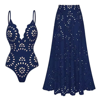 Women's Lace-Detail Solid-Color Backless Beach Two-Piece Set