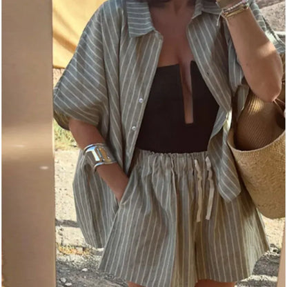 Women's Striped Short-Sleeve Printed Buttoned Shorts Set