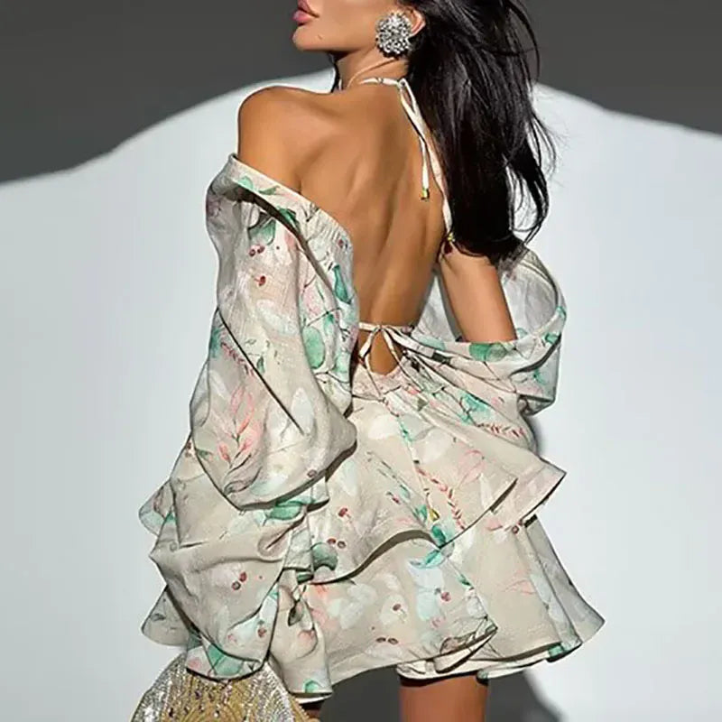 Women's Floral Strappy Long-Sleeve Pleated Mini Occasion Dress