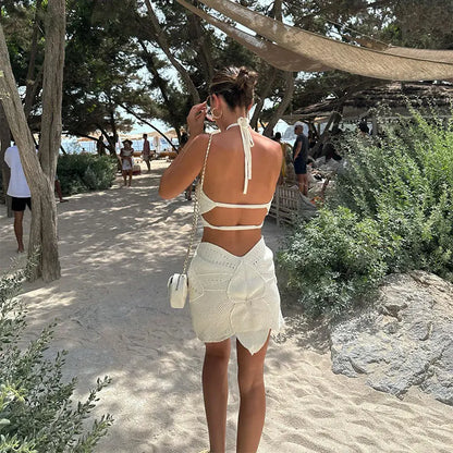 Women's Vacation Backless Off-Shoulder Lace-Up Crochet Dress