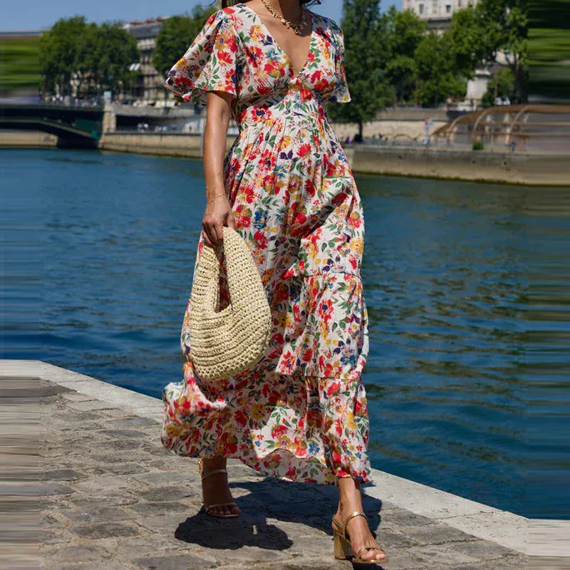 Women's Bohemian V-Neck Strappy Short-Sleeve Mini Occasion Dress