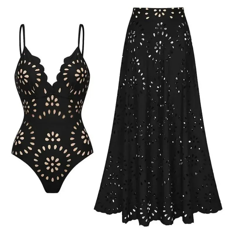 Women's Lace-Detail Solid-Color Backless Beach Two-Piece Set