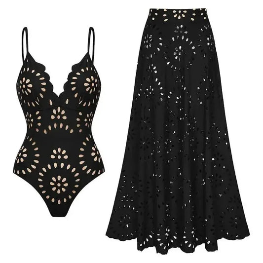 Women's Lace-Detail Solid-Color Backless Beach Two-Piece Set