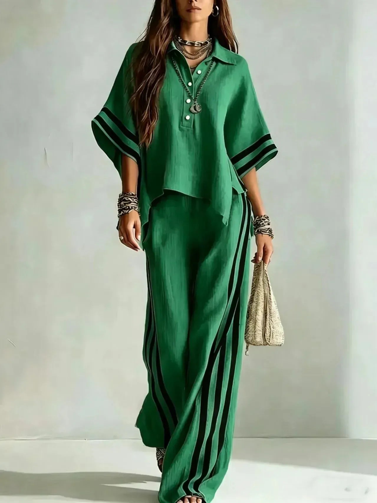 Women's Striped Relaxed-Fit Pants Two-Piece Set
