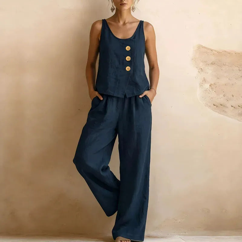 Women's Linen-Blend Sleeveless Crew-Neck Wide-Leg Pants Set