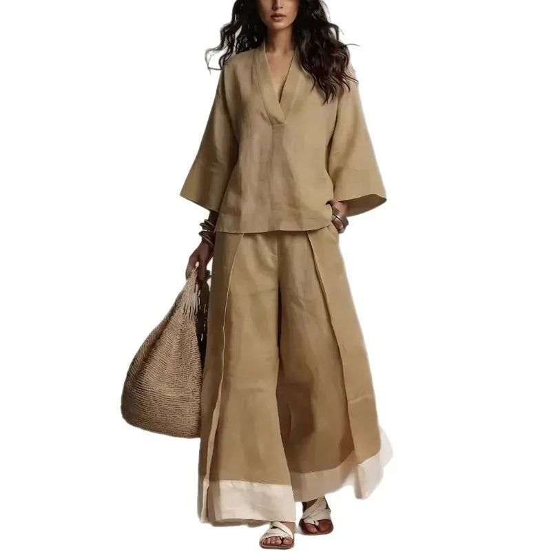 Women's Cotton-Linen V-Neck Wide-Leg French-Style Top and Pants Set