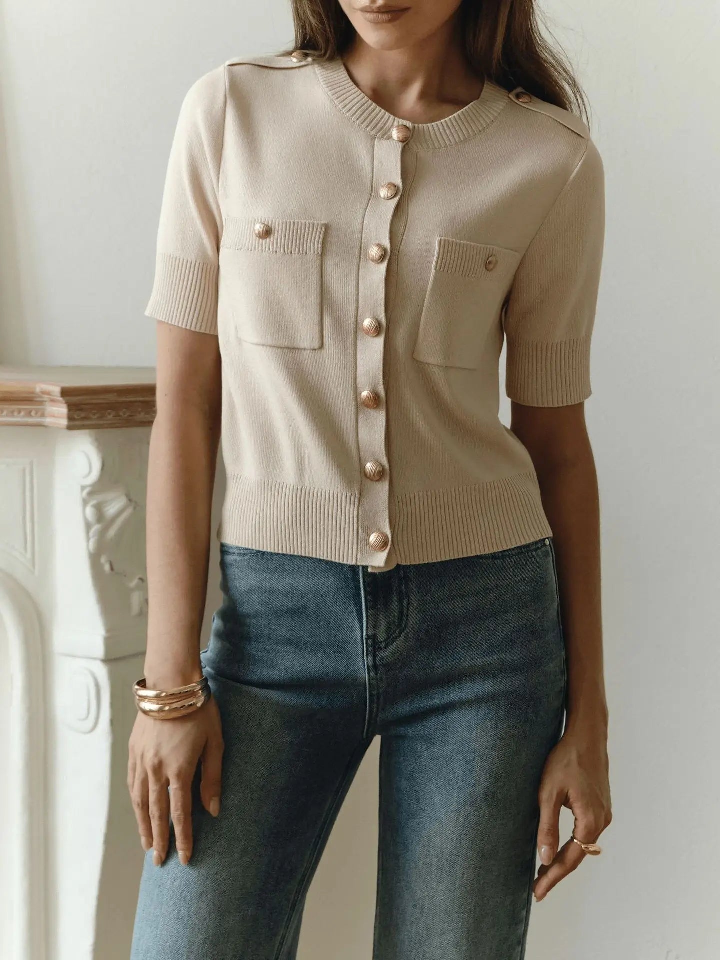 Women's Short-Sleeve Buttoned Crochet Slim-Fit Cardigan