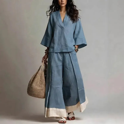 Women's Cotton-Linen V-Neck Wide-Leg French-Style Top and Pants Set