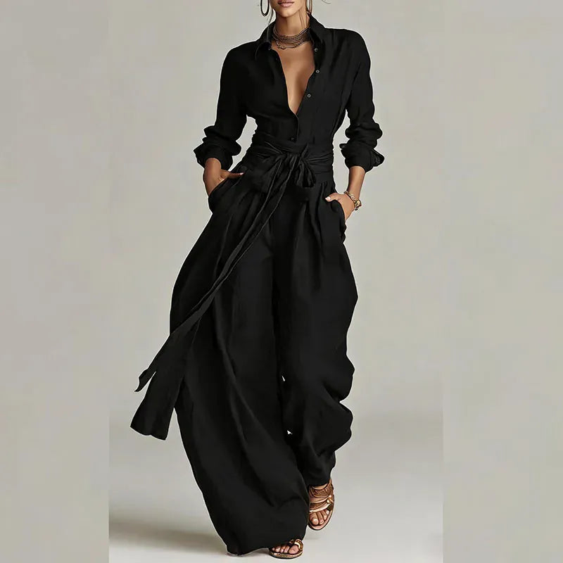 Women's Solid-Color Low-Neck Long-Sleeve Buttoned Vacation Top and Pants Set