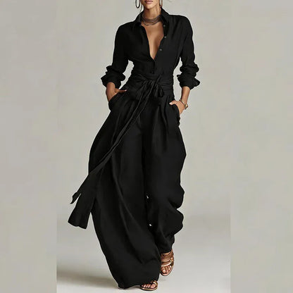 Women's Solid-Color Low-Neck Long-Sleeve Buttoned Vacation Top and Pants Set