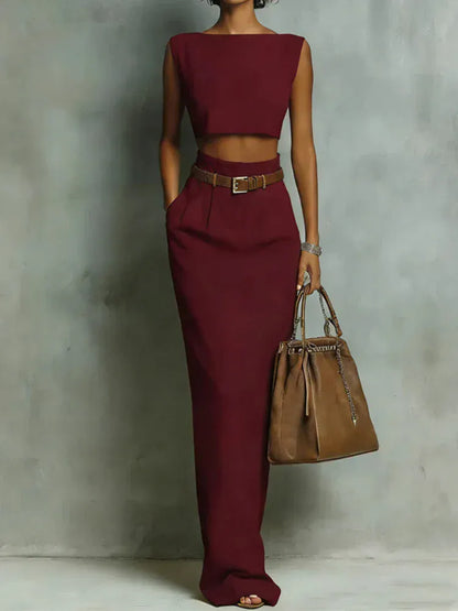 Women's Sleeveless Crew-Neck Pocketed Skirt Set