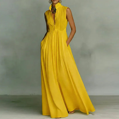 Women's Solid-Color Mock-Neck Sleeveless High-Waisted Buttoned Occasion Dress