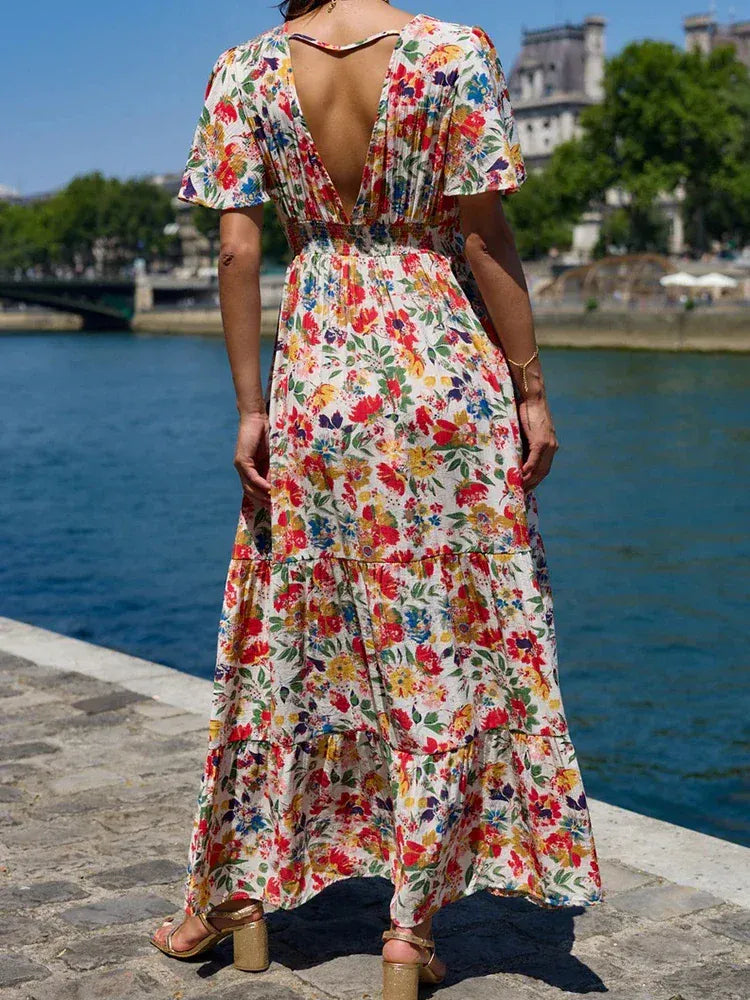 Women's Bohemian V-Neck Strappy Short-Sleeve Mini Occasion Dress