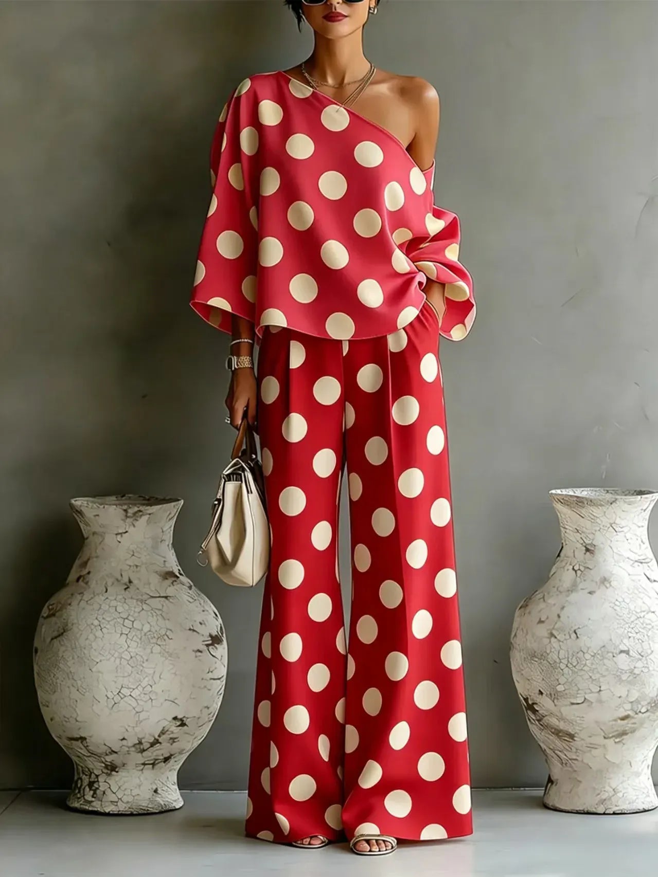 Women's Polka-Dot One-Shoulder High-Waisted Wide-Leg Vacation Top and Pants Set