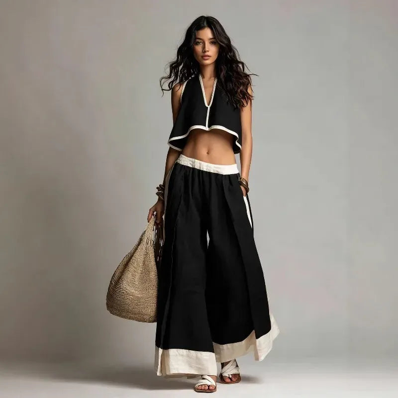 Women's Cotton-Linen V-Neck Sleeveless Wide-Leg Top and Pants Set