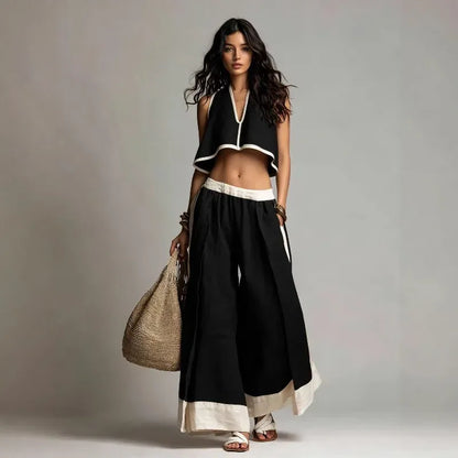 Women's Cotton-Linen V-Neck Sleeveless Wide-Leg Top and Pants Set