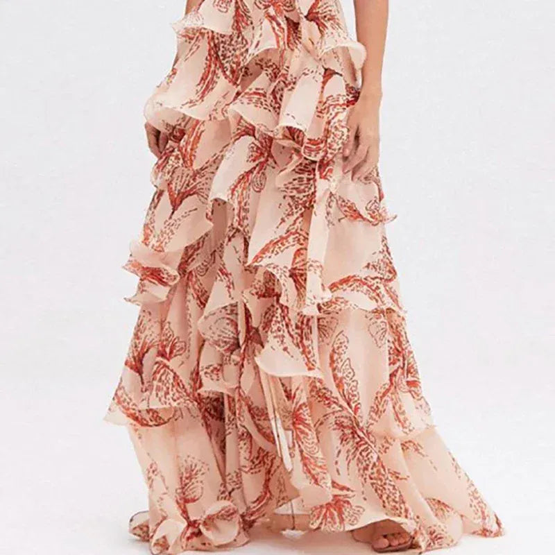 Women's Bohemian V-Neck Sleeveless Ruffle Maxi Dress