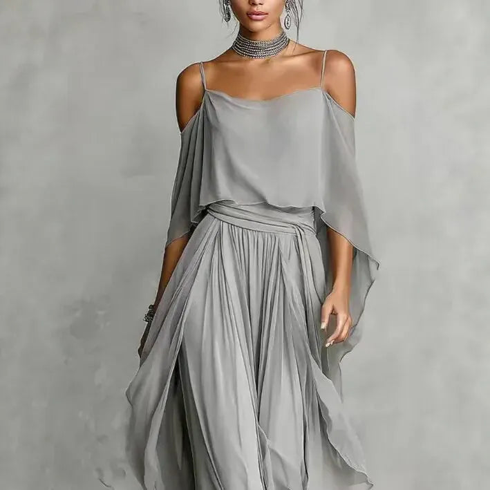 Women's Chiffon Off-Shoulder Relaxed-Fit Pants Set