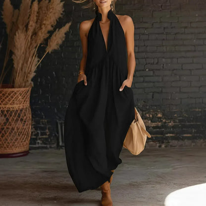 Women's Solid-Color V-Neck Off-Shoulder Sleeveless Casual Maxi Dress