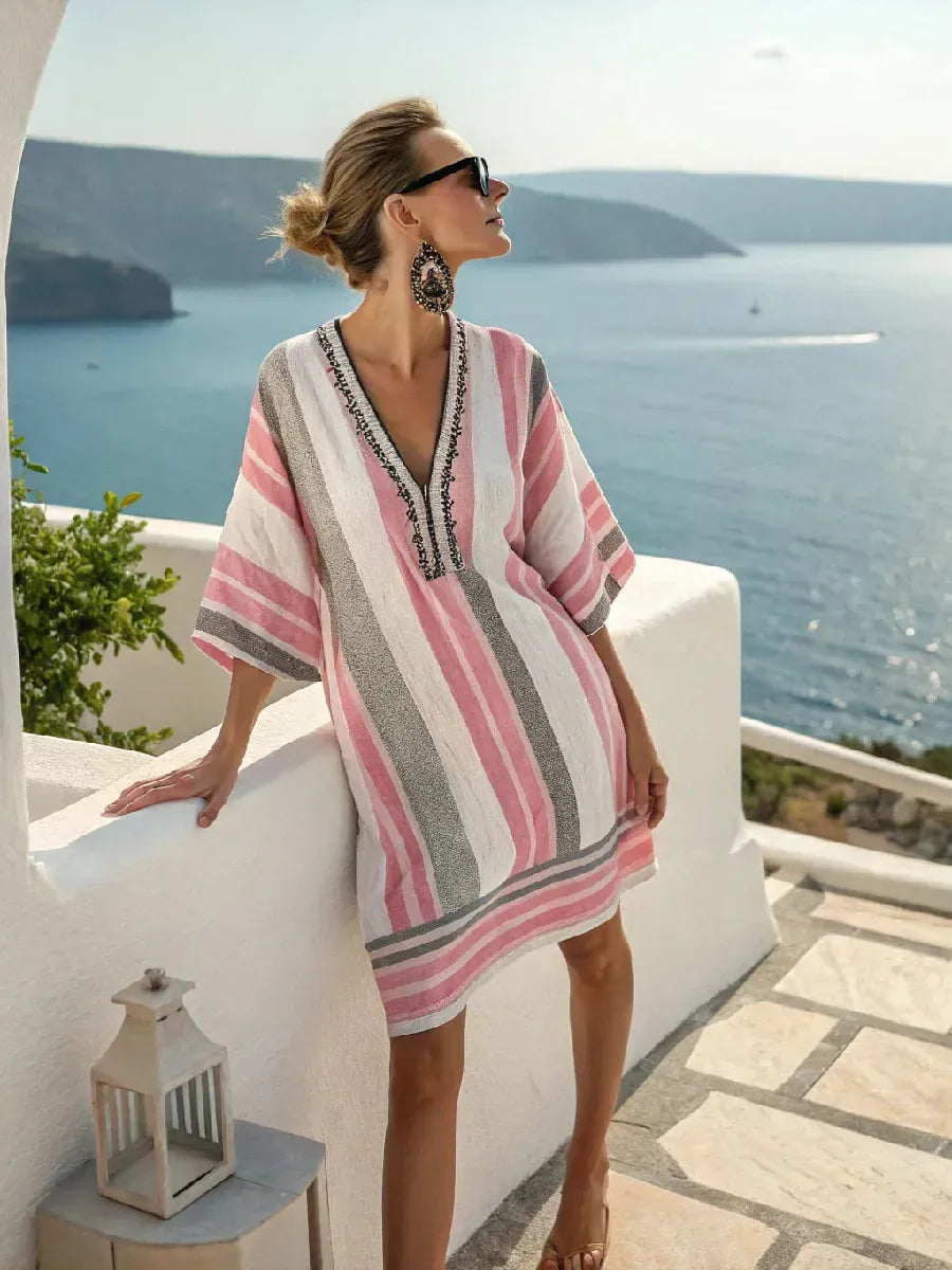 Women's Striped Vintage V-Neck Strappy Mini Dress