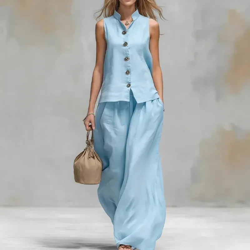 Women's Cotton-Linen Mock-Neck Sleeveless Wide-Leg Top and Pants Set