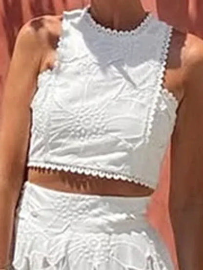 Women's Openwork Crochet Embroidered Sleeveless Top and Skirt Set