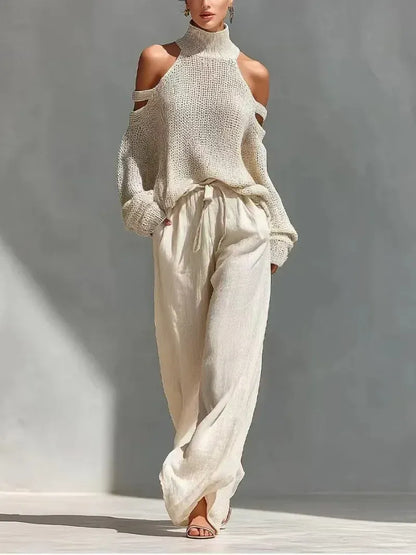 Women's Knit Off-Shoulder Relaxed-Fit Cut-Out Pants Set