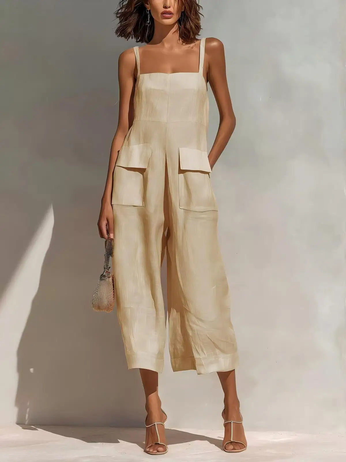 Women's Cotton-Linen Sleeveless Relaxed-Fit Vintage Jumpsuit