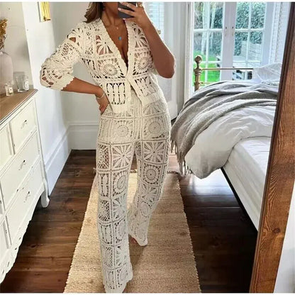 Women's Crochet Floral Pants Two-Piece Set