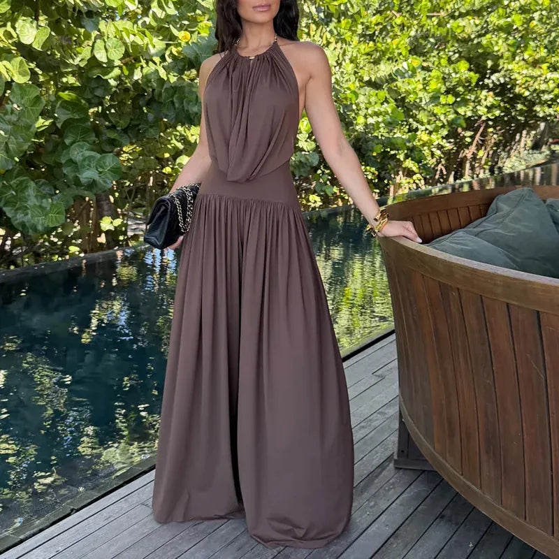 Women's Halter-Neck Sleeveless Backless Relaxed-Fit Pants Set