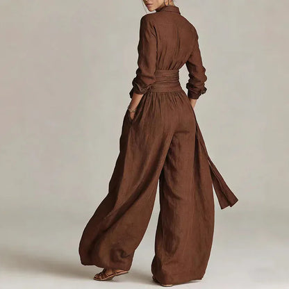 Women's Solid-Color Low-Neck Long-Sleeve Buttoned Vacation Top and Pants Set