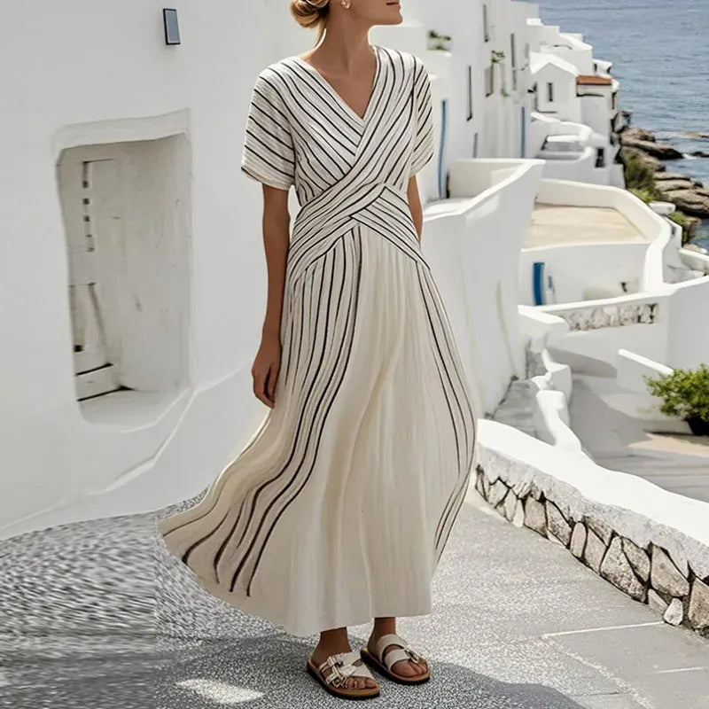 Women's Striped V-Neck Short-Sleeve Office-to-Beach Dress