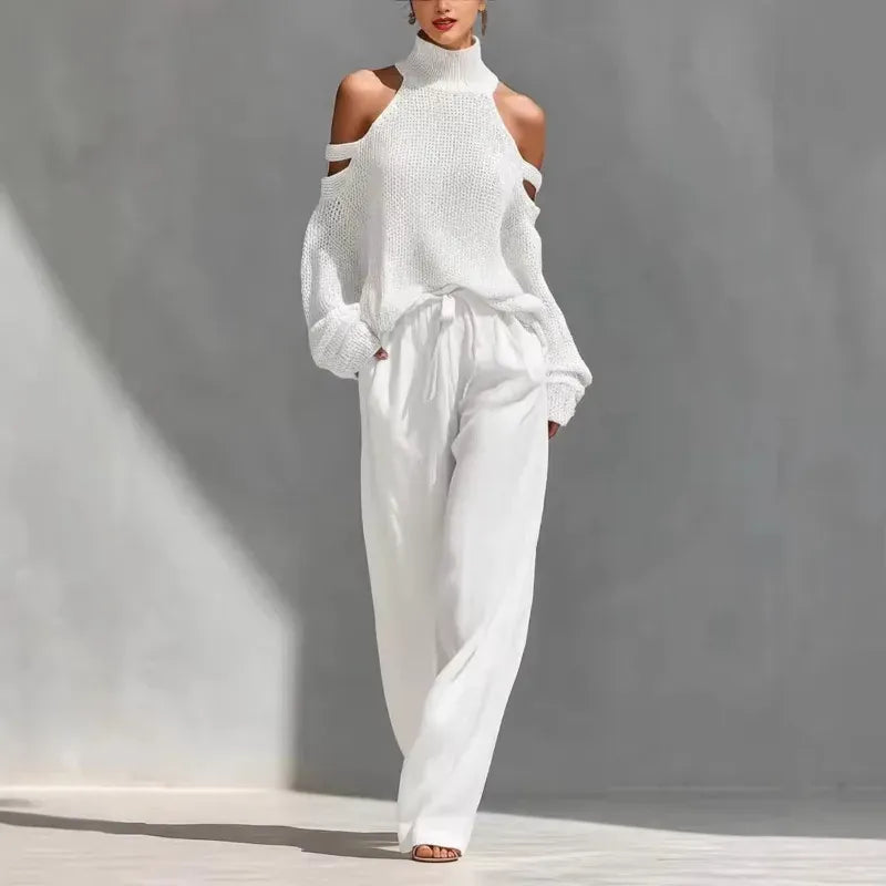 Women's Openwork Off-Shoulder Wide-Leg Casual Vacation Top and Pants Set