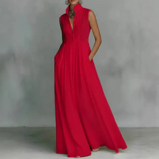Women's Solid-Color Mock-Neck Sleeveless High-Waisted Buttoned Occasion Dress