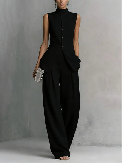 Women's Linen-Blend Vintage Sleeveless High-Waisted Pants Set