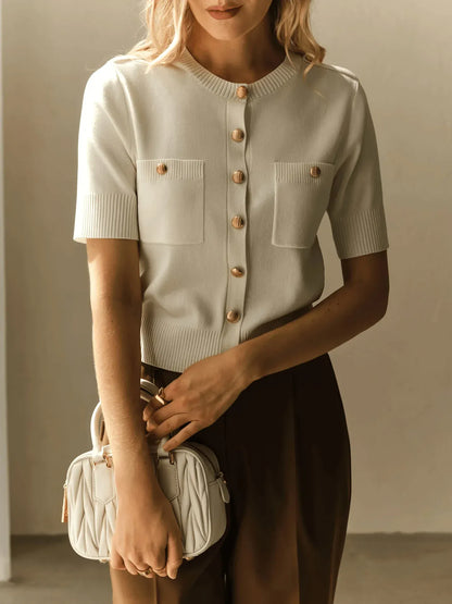 Women's Short-Sleeve Buttoned Crochet Slim-Fit Cardigan