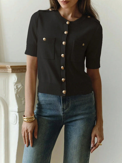 Women's Short-Sleeve Buttoned Crochet Slim-Fit Cardigan